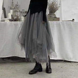 Trizchlor Gothic Gray Tulle Long Irregular Pleated Skirts Elastic High Waist A-Line Mesh Midi Skirts Vintage Punk Streetwear Streetwear