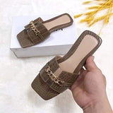 Trizchlor 2023 Women Square Toe Chain Slippers Woman Slide Metal Transparent Flat Shoes Female Peep Toe PU Leather Ladies Summer Plus Size