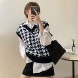 Thanksgiving Day Gift Trizchlor Women Sweater Vest Autumn Houndstooth Plaid V-Neck Sleeveless Knitted Vintage Loose Oversized Female Pullover Waistcoat Tops