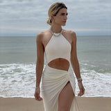 Trizchlor Sexy Party Dress Women Off Shoulder Hollow Out Twist Maxi White Dresses Summer Solid Color Casual Side Split Beach Dress