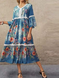 Trizchlor Stylish Womens Printed Sundress Summer Lace Patchwork Maxi Dress Flare Sleeve Maxi Vestidos Female V Neck Robe Femme