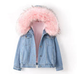 Trizchlor Winter Women Warm Denim Coats Faux Fur Hooded Top Plush Lining Thick Long Sleeve Frayed Casual Solid Color Jean Jacket 709