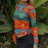 Trizchlor Sexy Print Y2K Crop Top Women Long Sleeve Tie-dye Fashion Streetwear Mesh Top Women Skinny 2022 Auutmn New Orange Print