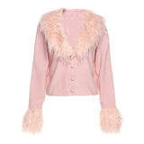 Trizchlor Y2K Pink Fashion Leather Jackets Women Autumn Winter Faux Fur Collar Long Sleeve High Street Single Breasted Elegant Outerwear