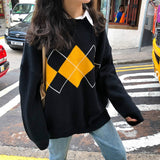 Trizchlor Knitted Sweaters Women Casual Pullover Fashion Argyle Sweater Winter College Style Loose Top Woman Jumper Sueter De Mujer Top