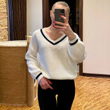 Trizchlor White V Neck Long Sleeve Oversized Sweater Women 2023 Fall Winter Striped Knitted Jumper Preppy Style Casual Pullover Knitwear