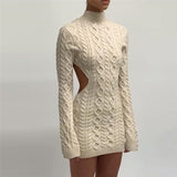 Long Sleeve Backless Knitted Mini Dress 2023 New Autumn Fashion Elegant Turtleneck Coarse Wool Twist Dresses Outfits