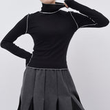 Trizchlor 2022 New Spring Autumn  High Collar Long Sleeve Solid Color Black Reffles Split Joint Loose T-shirt Women Fashion Tide JE155