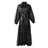 Trizchlor Loose Fit Black Mesh Big Size Long Pu Leather Jacket New Lapel Long Sleeve Women Coat Fashion Spring Autumn 2022 PB27901