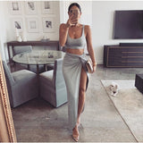 NewAsia Sexy Party 2 Piece Set Women Plus Size Crop Top Twist Side Split Long Skirts Matching Sets Club Two Piece Outfits 2023