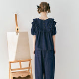 Trizchlor Parent-child imakokoni original lace shirt shirt flower radish pants denim suit female summer 213378