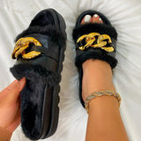 Christmas Gift Fluffy Women Home Fur Slippers Winter Warm Furry Lining Cozy Platform Flat Chain Decoration Fashion Trend Slides Ladies Shoes