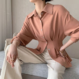 Trizchlor 2022 Women Stylish Chic Turn-Down Collar Chiffon Shirts Female Elegant Single-Breasted Slim Waist Solid Blouses Tops