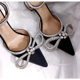 Trizchlor Back To College Runway Style Glitter Rhinestones Women Pumps Crystal Bowknot Satin Summer Lady Shoes Genuine Leather High Heels Party Prom Shoes
