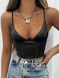 Trizchlor Satin Crop Top Women V-Neck Camis Sexy Sleeveless Skinny Backless Hollow Out Solid Color Clubwear Female Summer Tops 2022