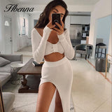 Trizchlor Knitted 2 Pieces Set Women Long Sleeve V-Neck Crop Top and Midi Skirt Sexy Elegant Minimalist Classic Outfit Female 2021