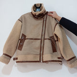 Trizchlor 2023 New Fashion Suede Teddy Brown Woman Jacket Vintage Patchwork PU With Zipper Winter Coat Women Female Outwear Tops