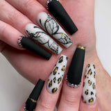 Trizchlor Halloween 24Pcs Butterfly Fake Long Nails Tips Black Press On Nails Coffin Full Cover Ballerina Wearable Design False Nail With Diamond
