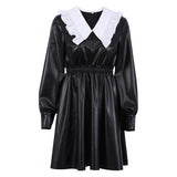 Streetwear Pu Spliced Peter Pan Collar Mini Dress Female Leather High Waist Autumn Black Dress Long Sleeve Trendy Dress