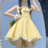 Trizchlor Summer Kawaii Lolita Strap Dress Women Patchwork Lace Japanese Sweet Cute Mini Dresses Yellow Plaid Fairy Tale Casual Dress 2022