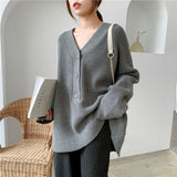 Trizchlor Gray Big Size Knitting Sweater Loose Fit V-Neck Long Sleeve Women Pullovers New Fashion Tide Autumn Winter 2022 1Y173