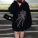 Trizchlor Zip-Up Y2K Harajuku Loose Gothic Black Rhinestone Punk Hooded Dark Academia Streetwear Jacket Coat Retro Women Men Jacket Autumn