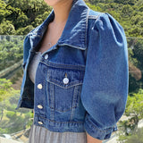 Trizchlor Christmas Gift Crop Denim Jacket Women Puff Sleeve 2023 Summer Street Korean Fashion Designer Short Blue Jean Coat Ladies Outerwear