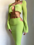 Trizchlor Green Lace See Through Tshirt Women High Waist Hollow Out Skirts Sexy Summer Two Piece Set Nightclub Beach Outfits