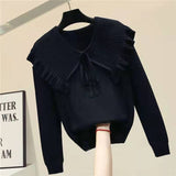 Trizchlor Fashion Women Sweaters Sweet Patchwork Ruffled Knitted Sweater Vintage Peter Pan Collar Pull Femme Winter Pullovers Tops