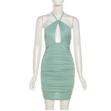 Halter Cut Out Sexy Summer Dress Women Backless Ruched Mini Bodycon Dress Night Club Birthday Party Dresses Green Pink