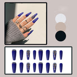 Trizchlor 24Pcs Matte Fake Nails Extra Long Ballerina Coffin Dark Blue Colorful Rhinestone Decals False Nails With Designs Nail Art