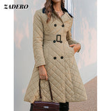 Trizchlor Fashion Argyle Pattern Long Parkas With Belt Women Elegant Turn Down Collar Double Breasted A-Line Cotton Padded Quilted Jacket