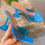Trizchlor Transparent crystal heel slippers women's summer new fashion wine glass heel square toe fashion sandals Large size