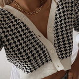 Trizchlor Autumn Winter Houndstooth Knitted Open Stitch Sweaters for Women Streetwear Sexy Cardigan Long Seeve Sweater Coats