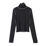 Trizchlor 2022 New Spring Autumn  High Collar Long Sleeve Solid Color Black Reffles Split Joint Loose T-shirt Women Fashion Tide JE155