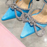 Trizchlor Back To College Runway Style Glitter Rhinestones Women Pumps Crystal Bowknot Satin Summer Lady Shoes Genuine Leather High Heels Party Prom Shoes