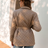 Trizchlor Winter Vintage Argyle Pattern With Belt Pocket Parkas Women 2022 Office Khaki Qulited Coat Solid Turn Down Collar Jacket Casual
