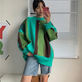 Trizchlor Retro Sweater Women Loose Autumn Fashion Stripes Patchwork Sweater Loose Pullovers Women Streetwear Lazy Knitted Outerwear