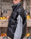 Trizchlor Winter Cotton Padded Waistcoat Women Casual Sleeveless PU Leather Vest Female Thick Warm Puffer Jackets Black Buble 2021