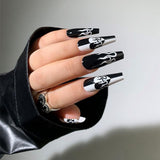 Trizchlor Halloween 24Pcs Press On Nails Coffin False Nails Sexy Pattern Design Black Long French Ballet Fake Nails Tips For Nails Nails Accessories