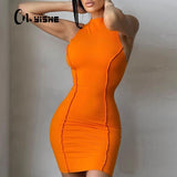 Trizchlor Sleeveless Casual Fashion Mini Dresses Skinny Summer O-neck Women Bodycon Neon Orange Dress Streetwear Vestidos Robes