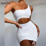 Nadafair Cut Out Club Mini Sexy Dress 2021 Summer Women One Shoulder Ruched Backless Party Bandage Short Party Bodycon Dress