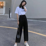 Women Sets Short Sleeve T-Shirts Printed Simple Ankle-length Drawstring Wide-leg Pants Thin Casual Loose Simple Ulzzang Trendy
