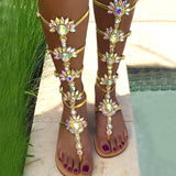 Trizchlor Woman Bohemia Sandal Boots Rhinestone Lady Knee High Boots Thin High Heels Stiletto Crystal Dress Summer Shoes Sandalias