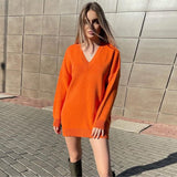 Trizchlor Autumn Winter Knitted V-Neck Oversized Sweaters Women Casual Loose Long Sleeve Warm Pullover Sweater Solid Clothes
