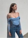 Trizchlor Mesh Corset Blouse Fall See Through Off Shoulder Lining 2Layer Boned Bodycon Shirt Zipper Anti-Slip Crop Tops Women 2022