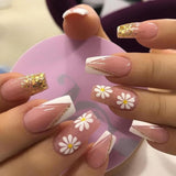 Trizchlor 24Pcs/Set French False Nails Pretty White Flower Pattern Gold Glitter Ballerina Nail Art Tips With Design Sticker Press On Nails