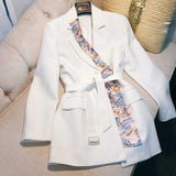 Trizchlor Spring Autumn Women Irregular Splicing Silk Scarf Blazer Lady Office Slim Jacket Plus Size Solid Color Coat with Belt