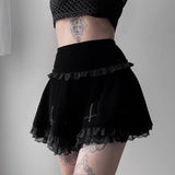 Trizchlor halloween Goth Cross Black Skirt Vintage Lace Trim A Line Mini Skirt Gothic Grunge Y2K High Waist Ruffle Summer Skirt Women 2022