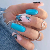 Trizchlor Blue Black Butterfly Pattern Fake Nails Glossy Matte Long Coffin Ballerina False Nails With Press Glue Artificial Manicure Tool